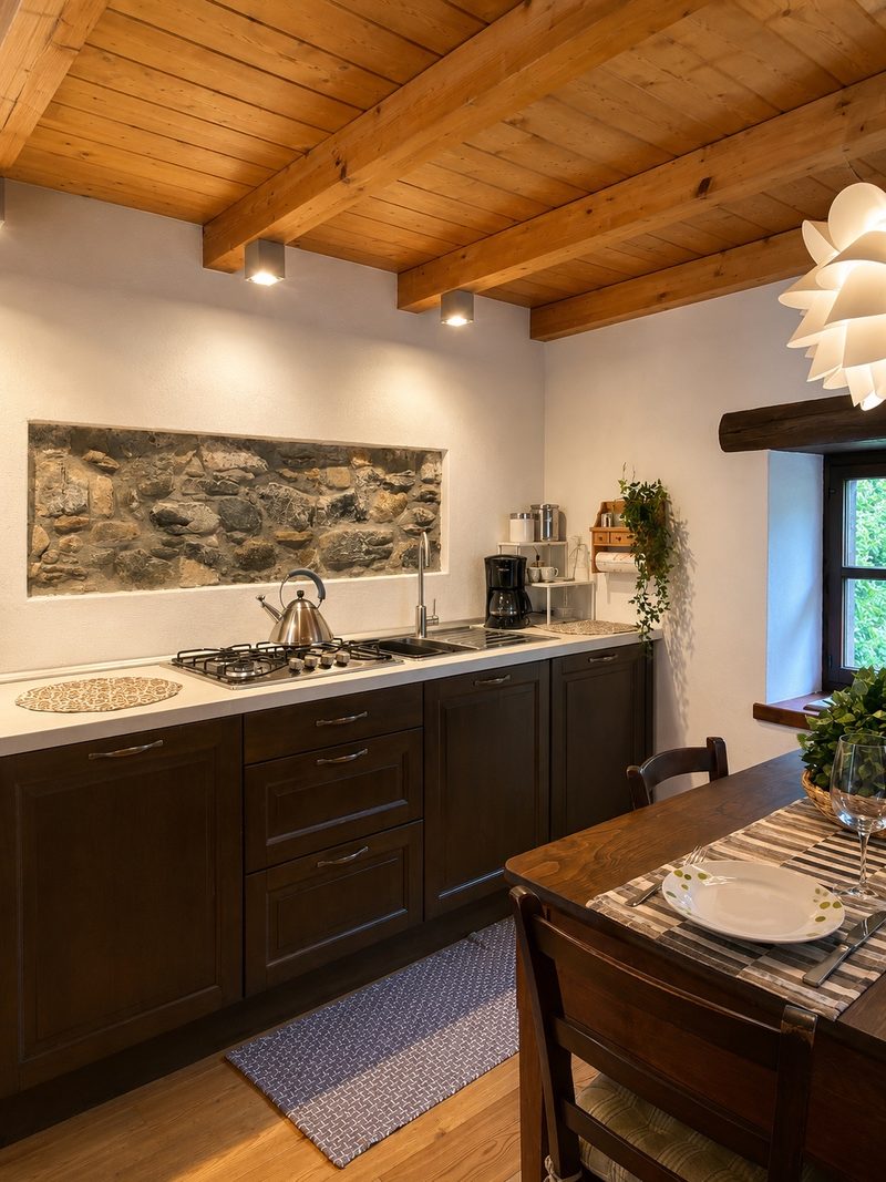 The kitchenette of Bucaneve with a stone feature wall and kettle on the hob