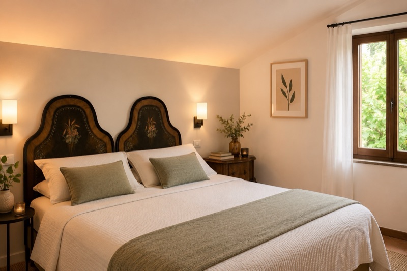 The double bedroom of Ciclamino with two antique painted headboards joined behind a wide bed