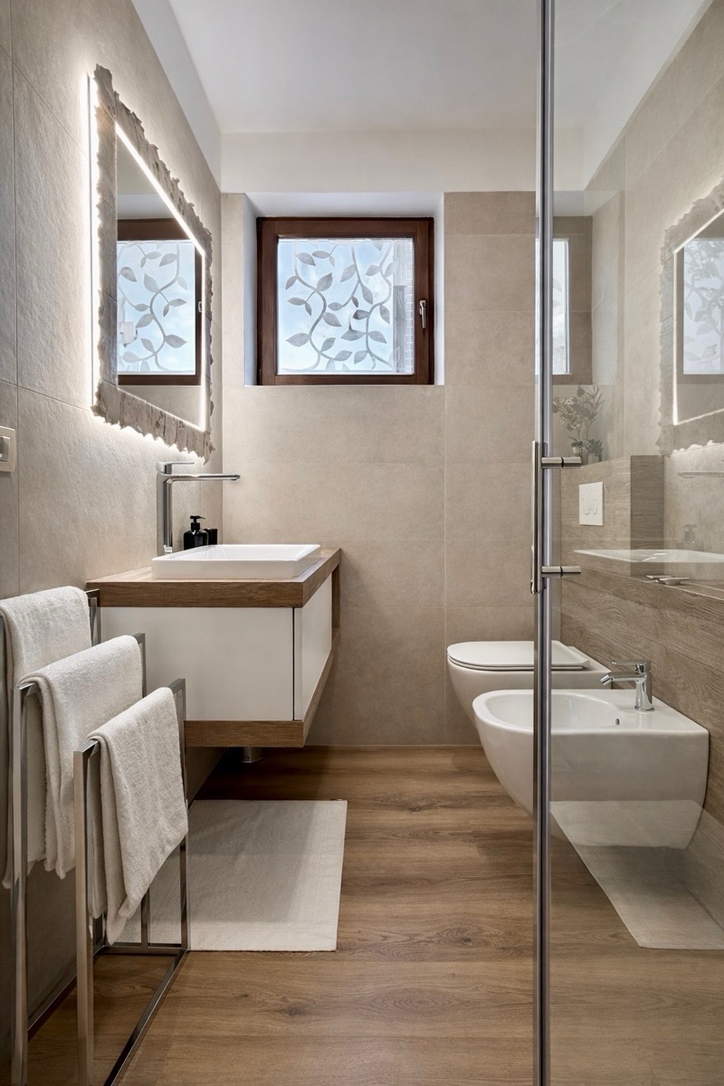 Giardino's bathroom with a backlit mirror, walk-in shower and warm stone tiles