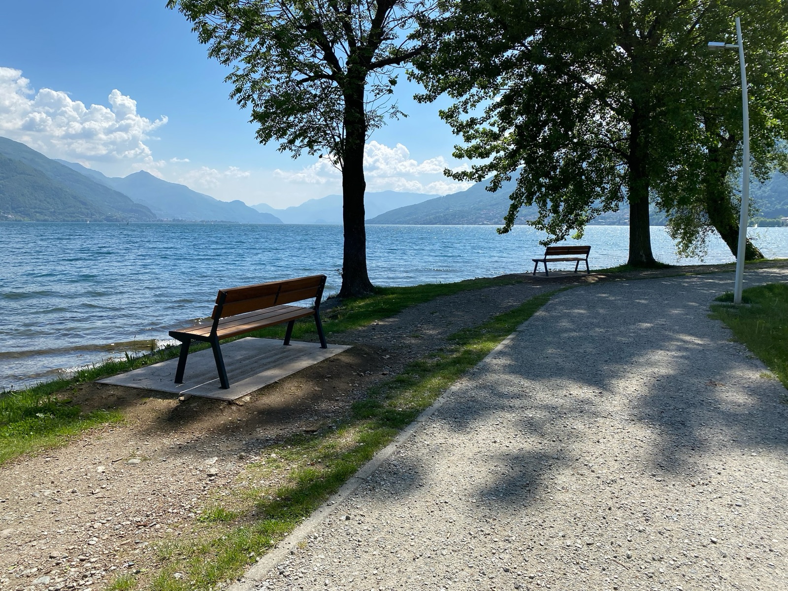 Benches under the trees on Gravedona's lakefront, a short walk from Casa Cinzia
