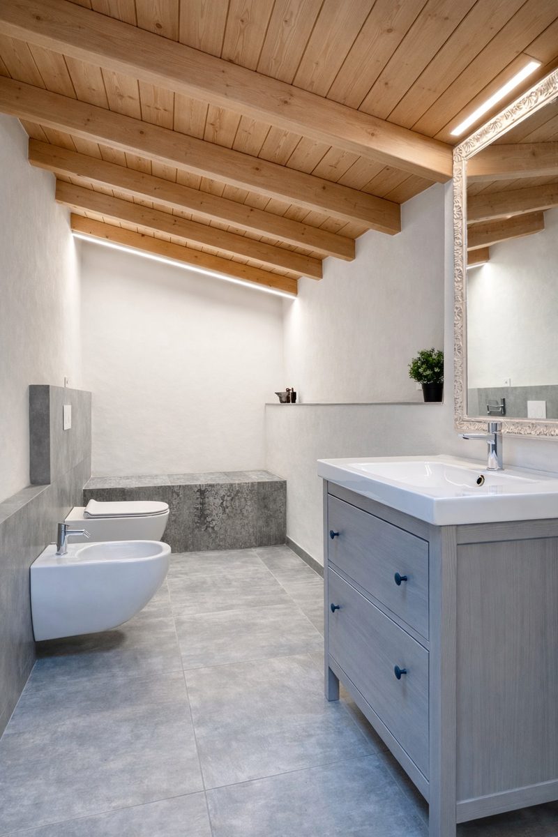 The second bathroom in grey stone with a concrete bench shower under the eaves