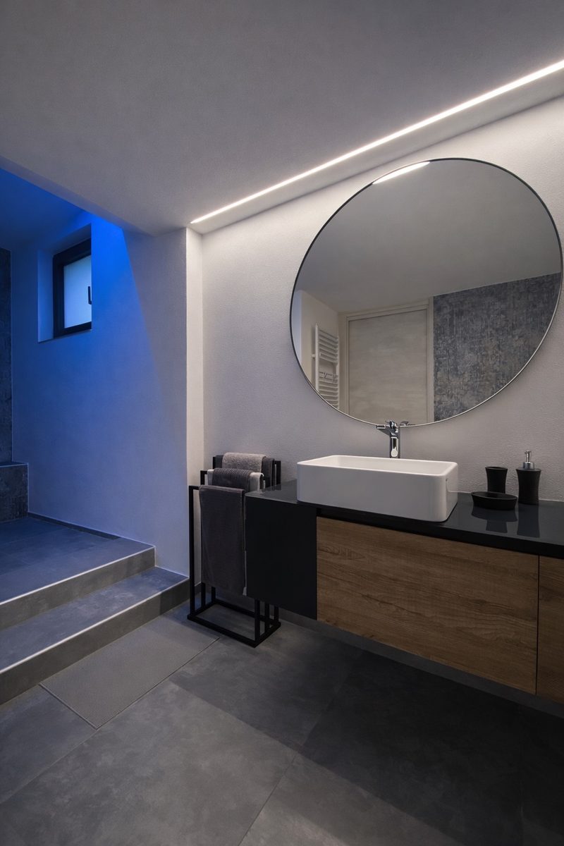 The dramatic main bathroom: round mirror, black-framed vanity and a shower lit in blue