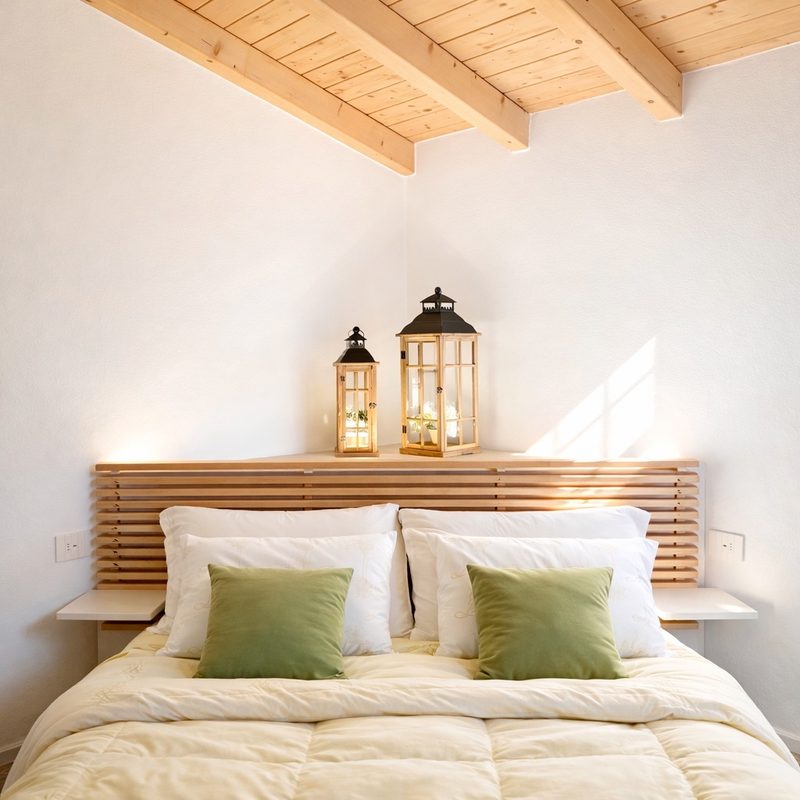 A bed with green cushions beneath a shelf of lanterns and a pale timber ceiling