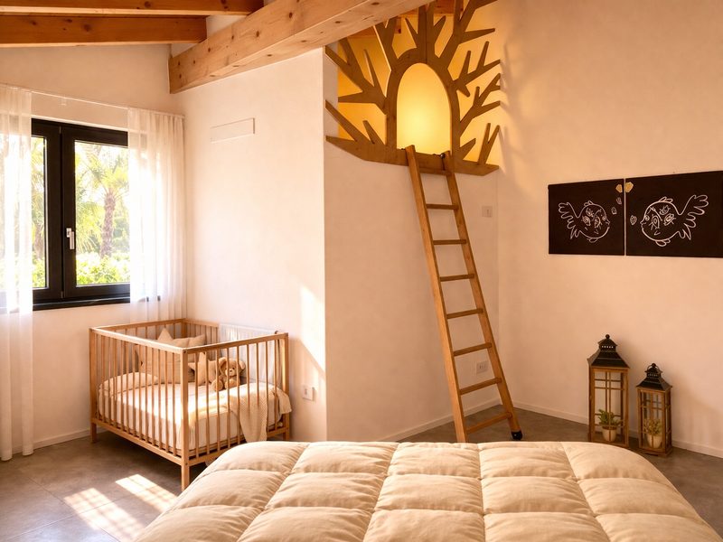 A family bedroom with a cot, a ladder to the loft and a glowing tree lamp on the wall