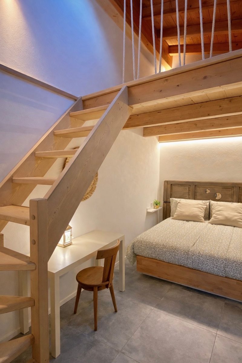 A light-wood staircase climbing to the mezzanine above a double bed and writing desk