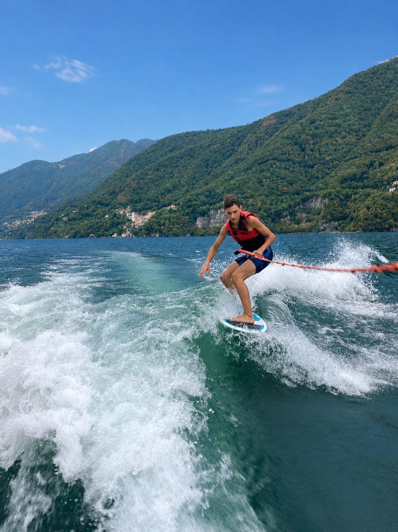 A boy wakesurfing behind the boat's wake, with hills and a lakeside village behind him